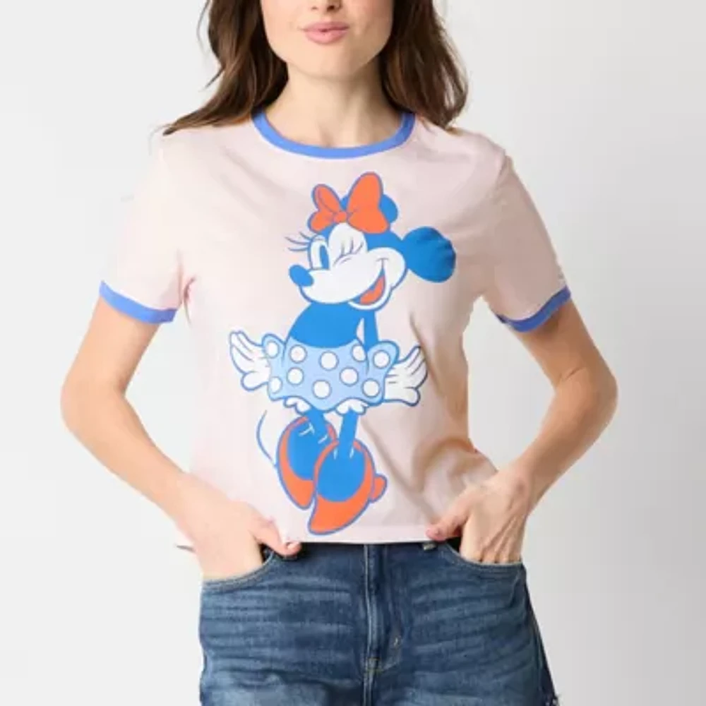 Juniors Womens Crew Neck Short Sleeve Minnie Mouse Graphic T-Shirt