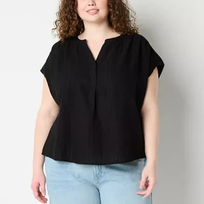a.n.a Plus Womens Split Crew Neck Short Sleeve Blouse