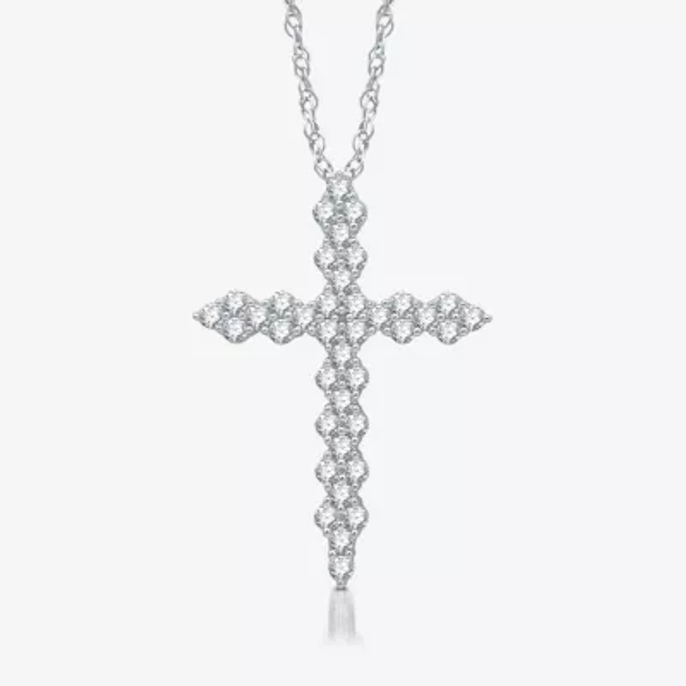Womens 1 CT. T.W. Lab Grown White Diamond Sterling Silver Cross Pendant Necklace