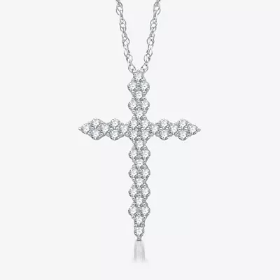 Womens 1 CT. T.W. Lab Grown White Diamond Sterling Silver Cross Pendant Necklace