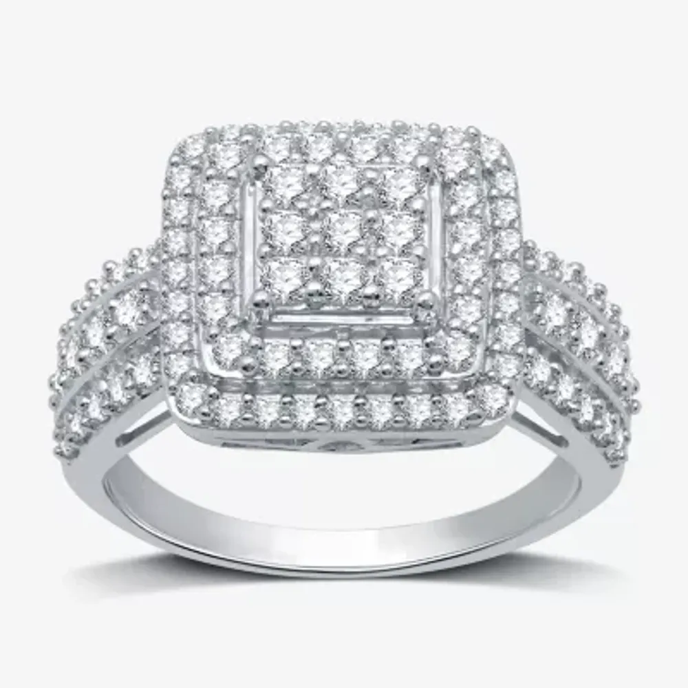 Womens 1 CT. T.W. Lab Grown White Diamond Sterling Silver Cushion Halo Side Stone Cocktail Ring