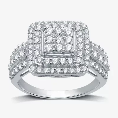Womens 1 CT. T.W. Lab Grown White Diamond Sterling Silver Cushion Halo Side Stone Cocktail Ring