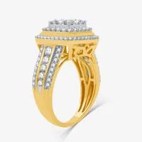 Womens 1 1/2 CT. T.W. Lab Grown White Diamond 14K Gold Over Silver Cushion Halo Side Stone Cocktail Ring