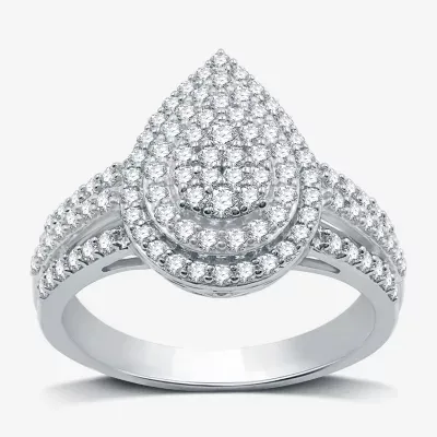 Womens 3/4 CT. T.W. Lab Grown White Diamond Sterling Silver Pear Halo Side Stone Cocktail Ring