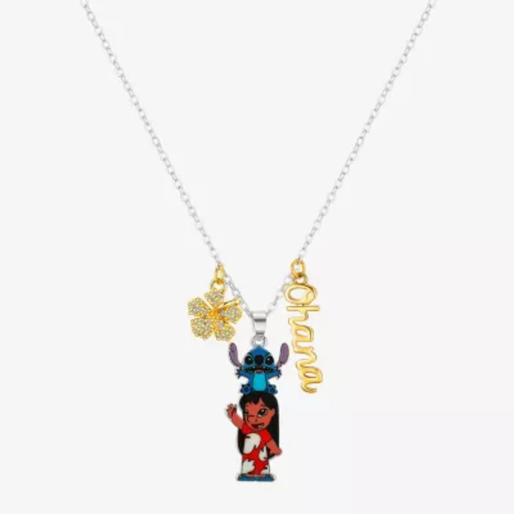 Disney Classics Ohana Womens Cubic Zirconia 10K Gold Over Brass Pure Silver Over Brass Flower Pendant Necklaces