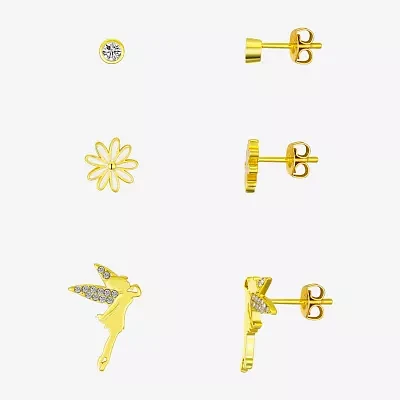 Disney Classics Cubic Zirconia Gold Tone 10K Gold Over Brass Flower Tinker Bell 3 Pair Earring Set