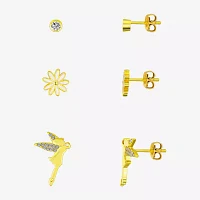Disney Classics Cubic Zirconia Gold Tone 10K Gold Over Brass Flower Tinker Bell 3 Pair Earring Set