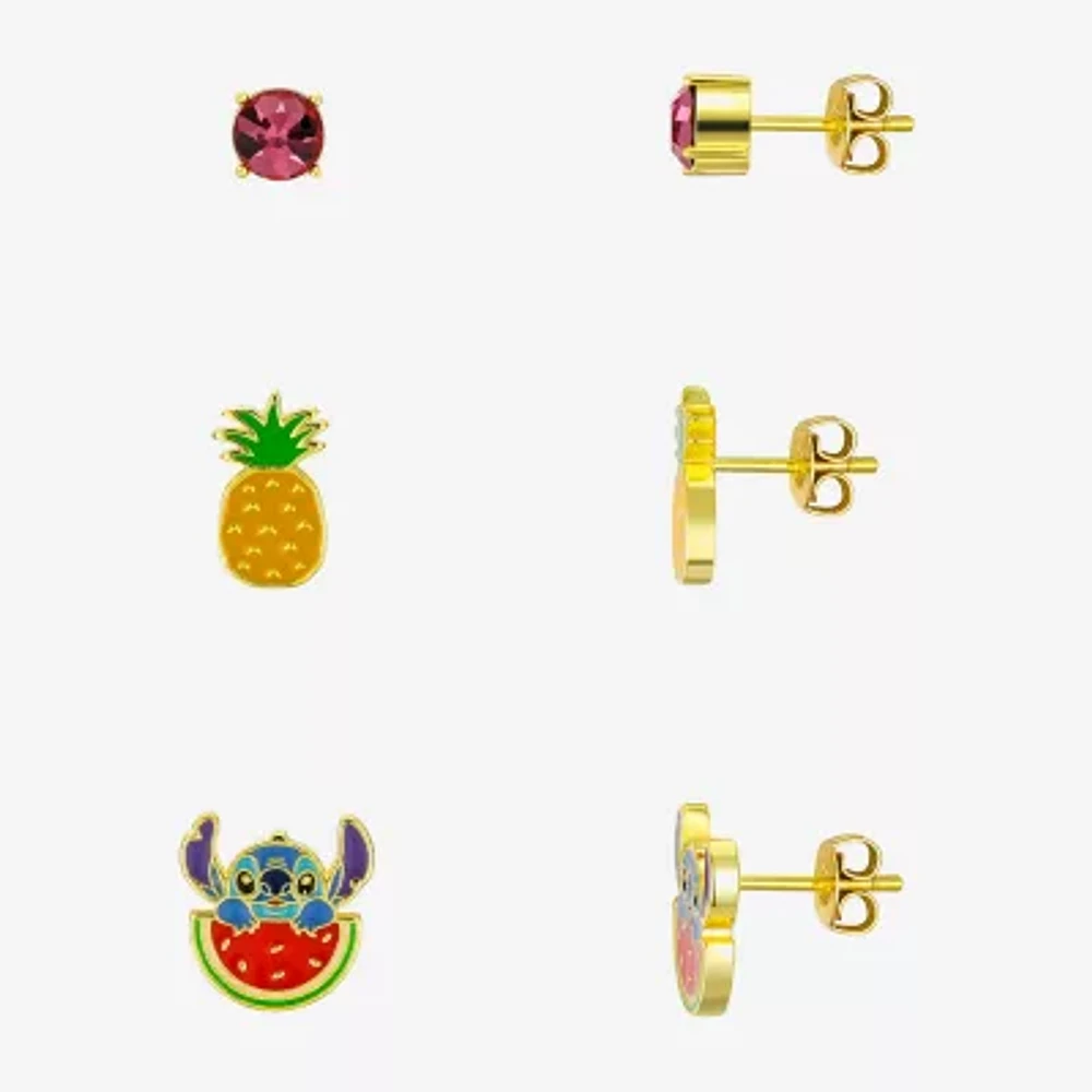 Disney Classics Fruit Pink Crystal Gold Tone 10K Gold Over Brass Lilo & Stitch 3 Pair Earring Set
