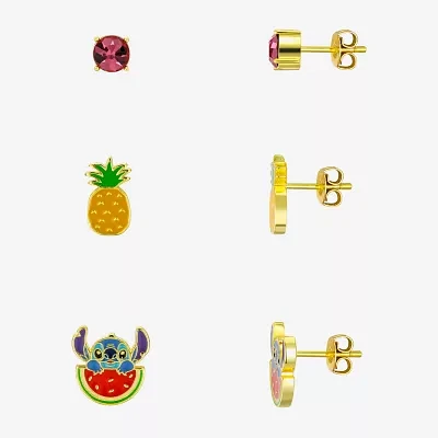 Disney Classics Fruit 3 Pair Crystal 10K Gold Over Brass Lilo & Stitch Earring Set