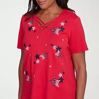 Alfred Dunner Land Of The Free Womens V Neck Short Sleeve T-Shirt