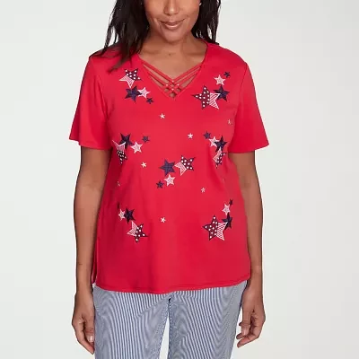 Alfred Dunner Land Of The Free Womens V Neck Short Sleeve T-Shirt