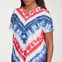 Alfred Dunner Land Of The Free Womens Keyhole Neck Short Sleeve Stretch Fabric T-Shirt