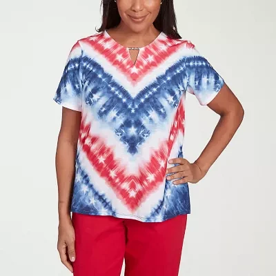 Alfred Dunner Land Of The Free Womens Keyhole Neck Short Sleeve Stretch Fabric T-Shirt