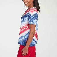 Alfred Dunner Land Of The Free Womens Keyhole Neck Short Sleeve Stretch Fabric T-Shirt