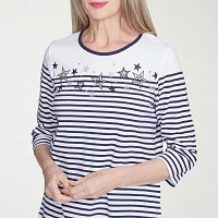 Alfred Dunner Land Of The Free Womens Crew Neck 3/4 Sleeve T-Shirt
