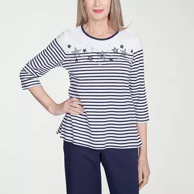 Alfred Dunner Land Of The Free Womens Crew Neck 3/4 Sleeve T-Shirt