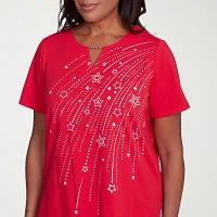Alfred Dunner Land Of The Free Womens Keyhole Neck Short Sleeve T-Shirt