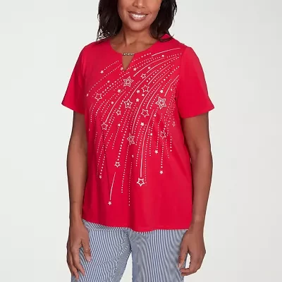 Alfred Dunner Land Of The Free Womens Keyhole Neck Short Sleeve T-Shirt