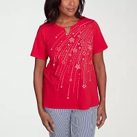 Alfred Dunner Land Of The Free Womens Keyhole Neck Short Sleeve T-Shirt