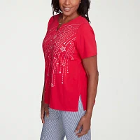 Alfred Dunner Land Of The Free Womens Keyhole Neck Short Sleeve T-Shirt