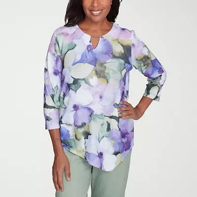 Alfred Dunner Santa Fe Womens Crew Neck 3/4 Sleeve Stretch Fabric T-Shirt