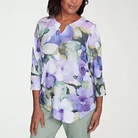 Alfred Dunner Santa Fe Womens Crew Neck 3/4 Sleeve Stretch Fabric T-Shirt