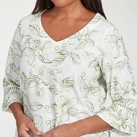 Alfred Dunner Santa Fe Womens V Neck 3/4 Sleeve T-Shirt