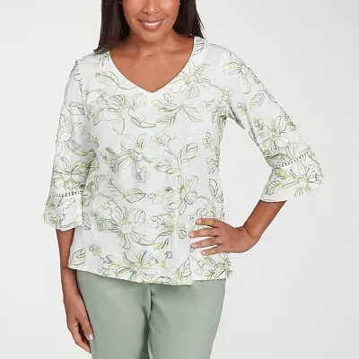 Alfred Dunner Santa Fe Womens V Neck 3/4 Sleeve T-Shirt