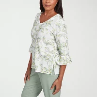 Alfred Dunner Santa Fe Womens V Neck 3/4 Sleeve T-Shirt