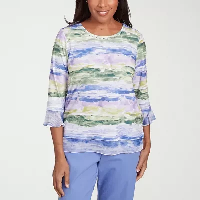 Alfred Dunner Santa Fe Womens Crew Neck 3/4 Sleeve Stretch Fabric T-Shirt