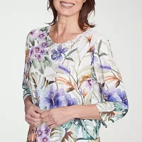 Alfred Dunner Santa Fe Womens Crew Neck 3/4 Sleeve Stretch Fabric T-Shirt