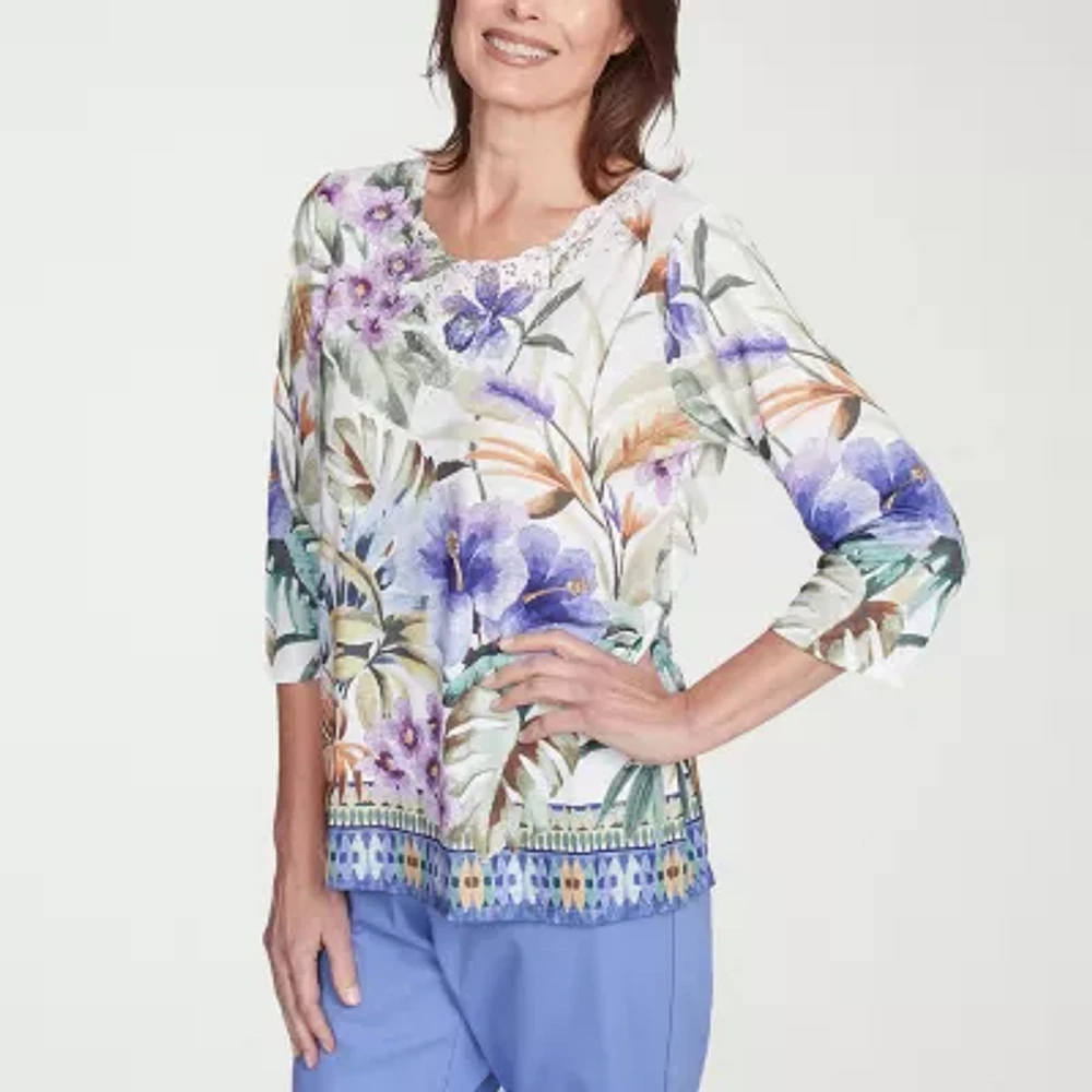 Alfred Dunner Santa Fe Womens Crew Neck 3/4 Sleeve Stretch Fabric T-Shirt
