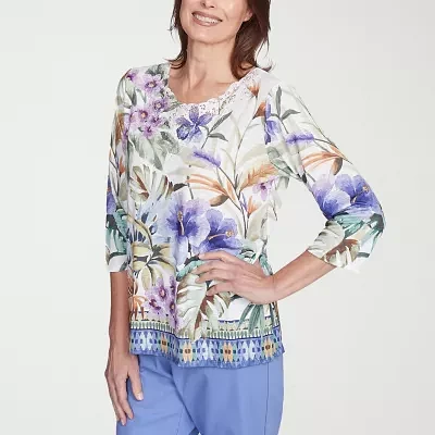 Alfred Dunner Santa Fe Womens Crew Neck 3/4 Sleeve Stretch Fabric T-Shirt