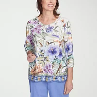 Alfred Dunner Santa Fe Womens Crew Neck 3/4 Sleeve Stretch Fabric T-Shirt