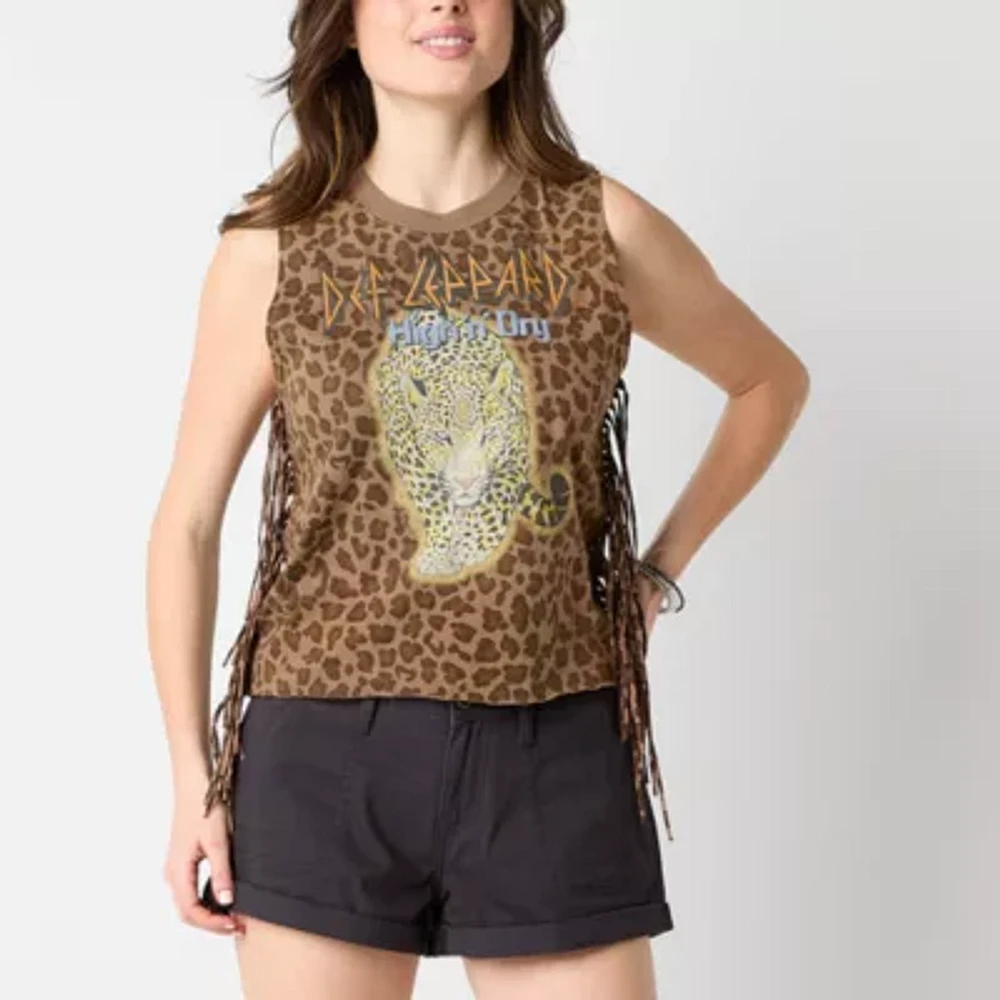 New World Juniors Def Leppard High N' Dry Fringe Tank Womens Crew Neck Sleeveless Graphic T-Shirt