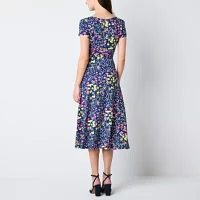 Studio 1 Womens Short Sleeve Floral Midi Fit + Flare Dress