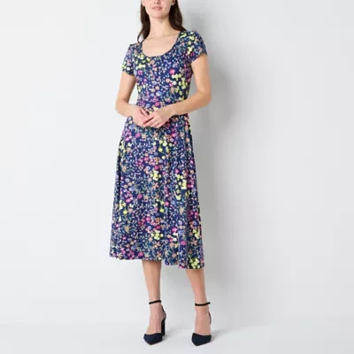 Studio 1 Womens Short Sleeve Floral Midi Fit + Flare Dress