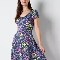 Studio 1 Womens Short Sleeve Floral Midi Fit + Flare Dress