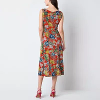 Perceptions Womens Sleeveless Floral Midi Fit + Flare Dress