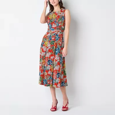 Perceptions Womens Sleeveless Floral Midi Fit + Flare Dress