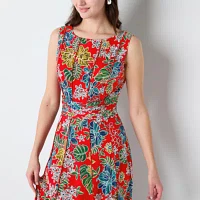 Perceptions Womens Sleeveless Floral Midi Fit + Flare Dress