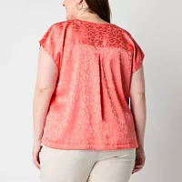 Liz Claiborne Plus Womens Split Tie Neck Short Sleeve Blouse