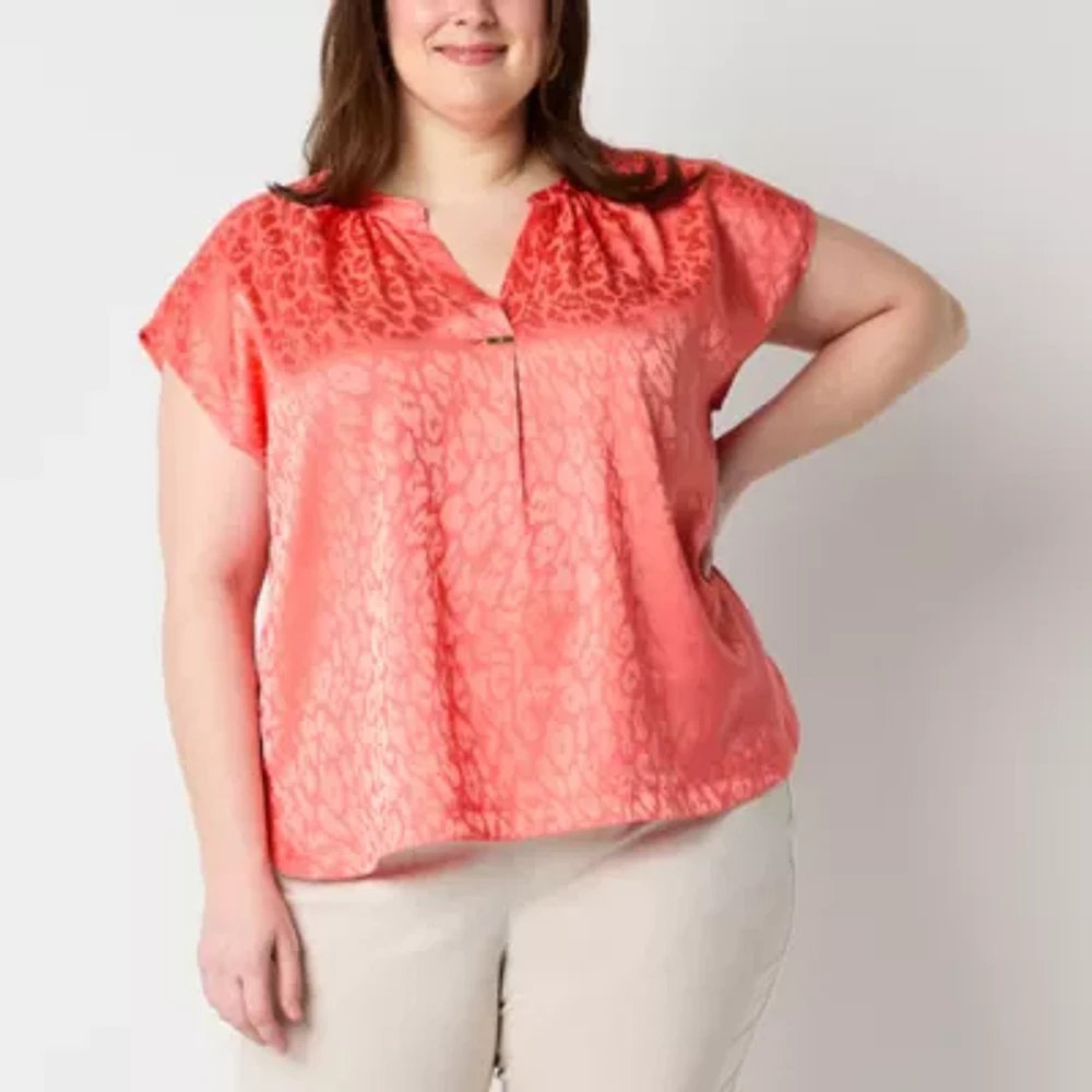 Liz Claiborne Plus Womens Split Tie Neck Short Sleeve Blouse