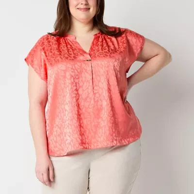 Liz Claiborne Plus Womens Split Tie Neck Short Sleeve Blouse