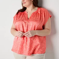 Liz Claiborne Plus Womens Split Tie Neck Short Sleeve Blouse