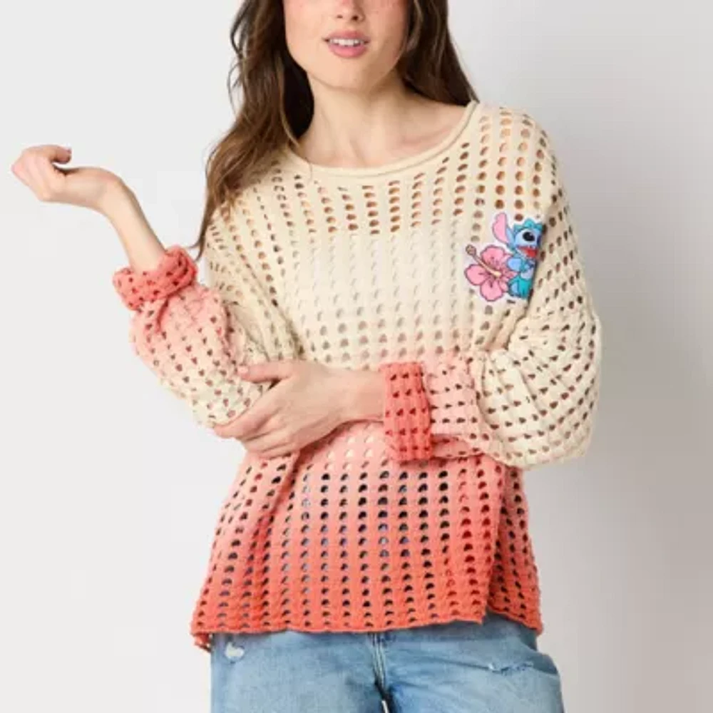 Juniors Womens Round Neck Long Sleeve Lilo & Stitch Pullover Sweater