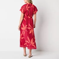 Liz Claiborne Womens Short Sleeve Leaf Midi A-Line Dress
