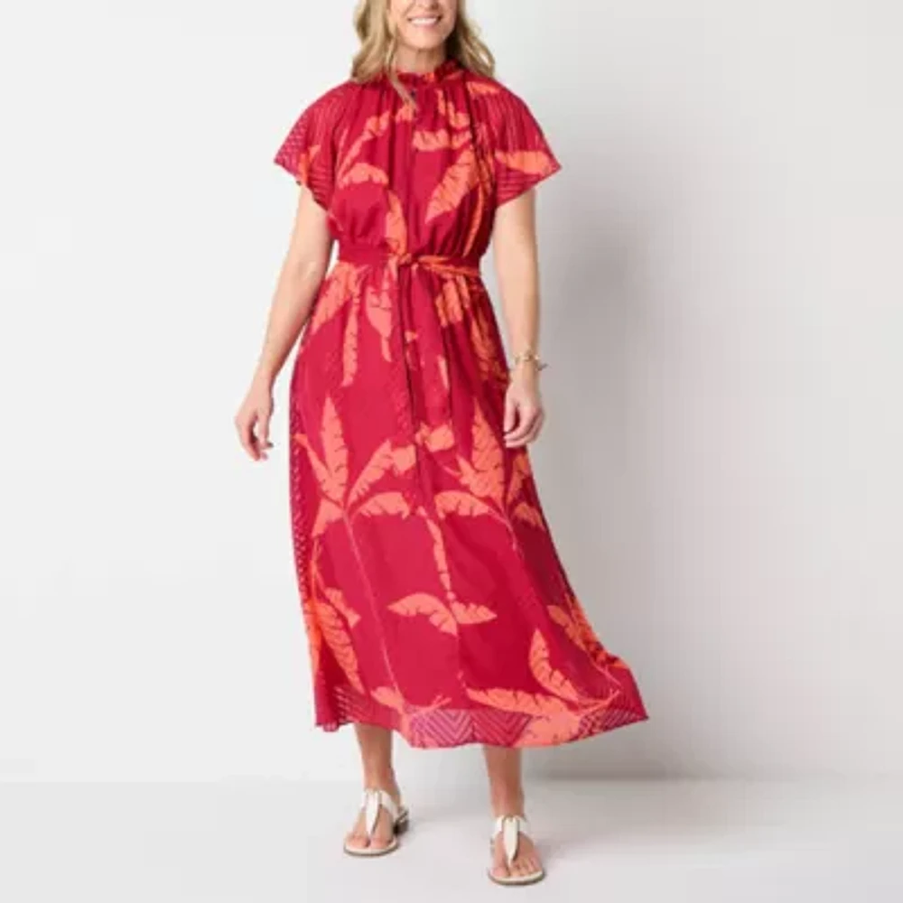 Liz Claiborne Womens Short Sleeve Leaf Midi A-Line Dress