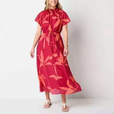 Liz Claiborne Womens Short Sleeve Leaf Midi A-Line Dress