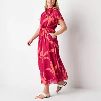 Liz Claiborne Womens Short Sleeve Leaf Midi A-Line Dress